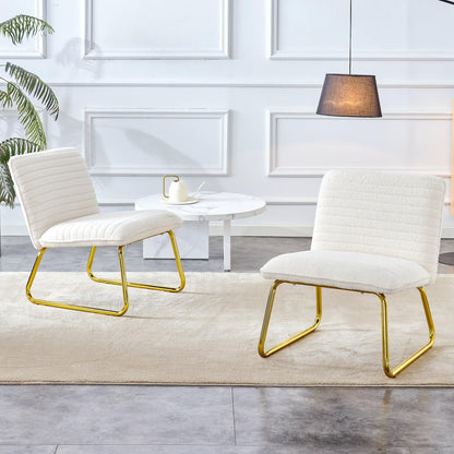 One White minimalist armless sofa chair with plush cushion and backrest paired with golden metal legs - FurniFindUSA
