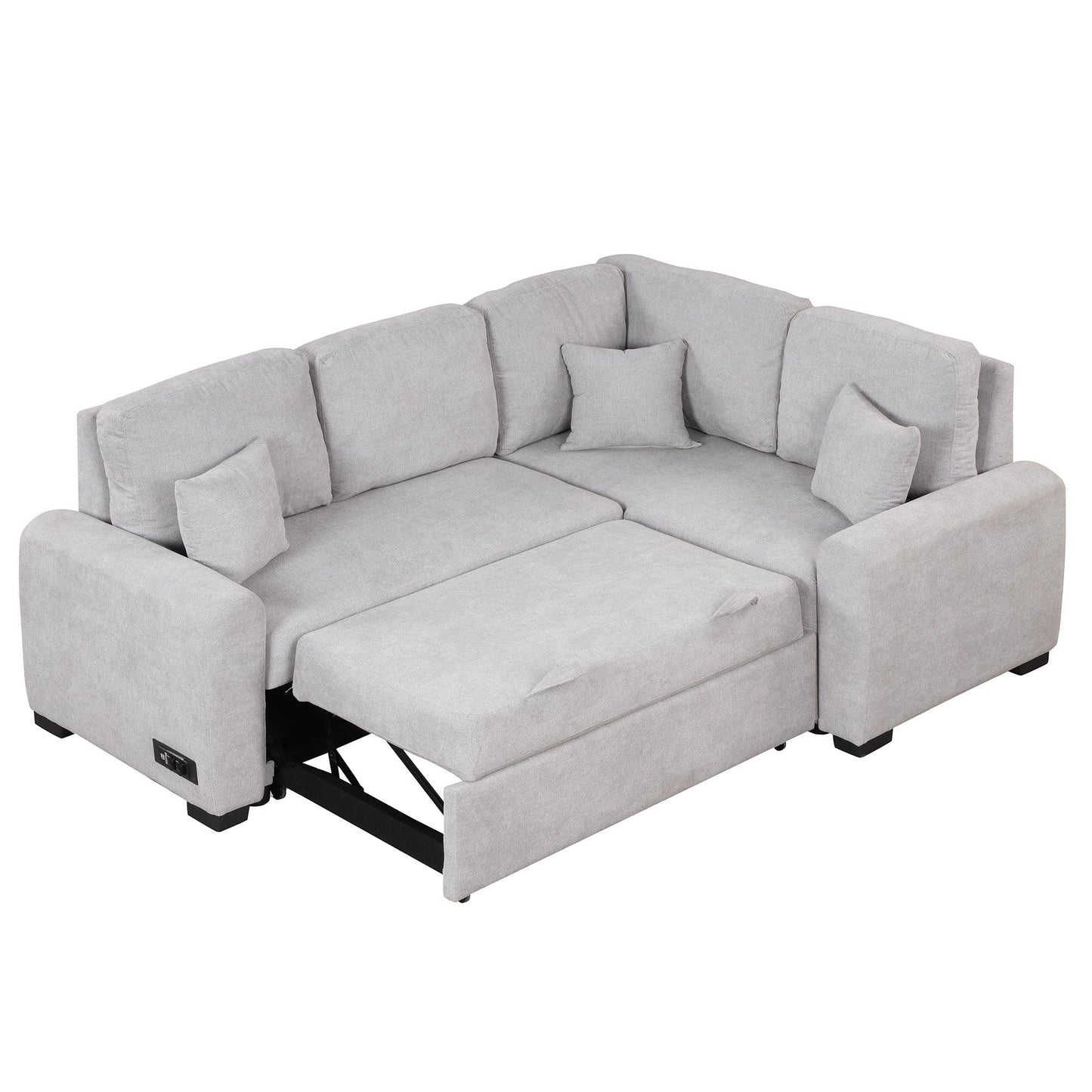 87.4"Sectional Sleeper Sofa with USB Charging Port and Plug Outlet Pull-Out Sofa Bed with 3 Pillows Grey - FurniFindUSA