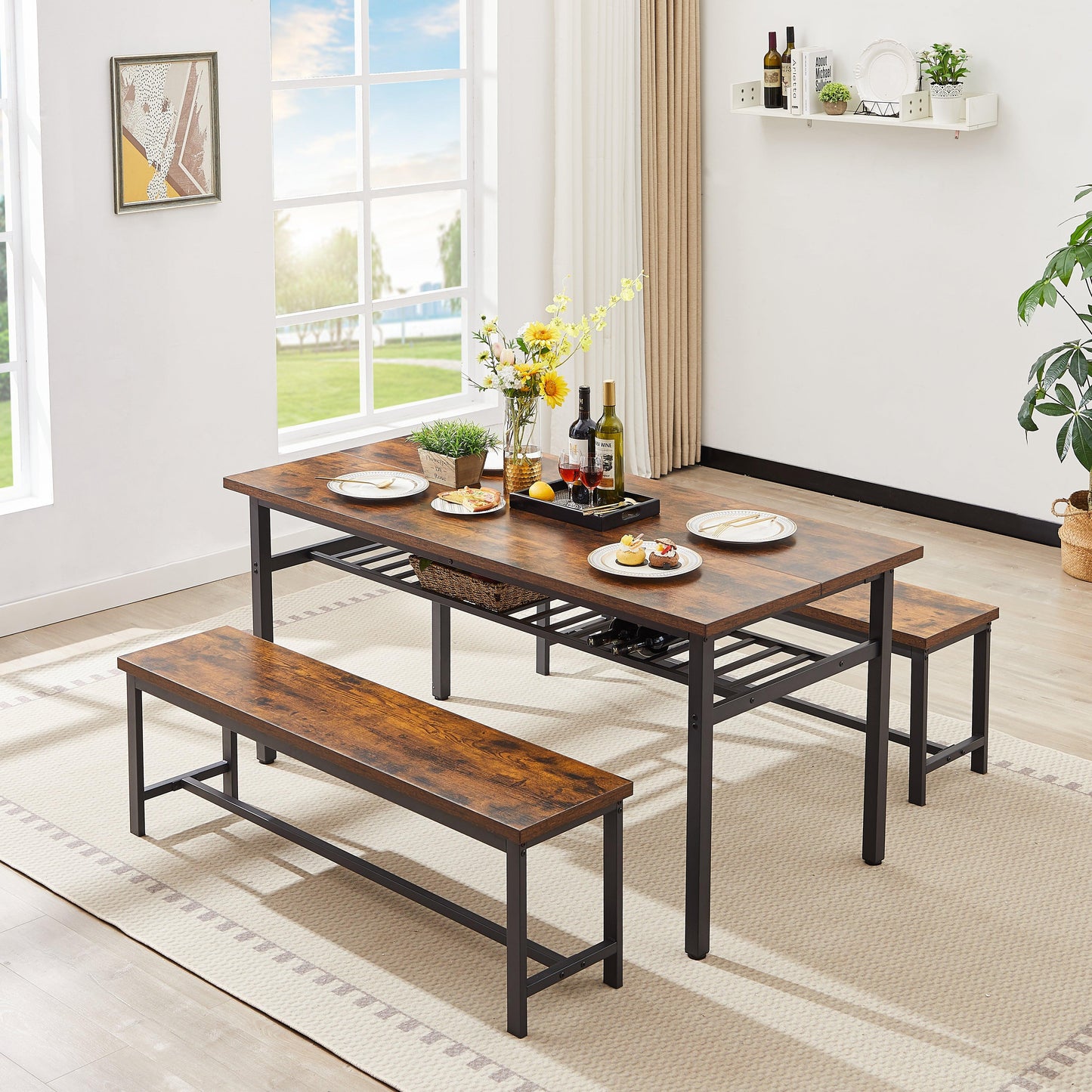 Oversized dining table set for 6 3-Piece Kitchen Table with 2 Benches Dining Room Table Set Rustic Brown - FurniFindUSA