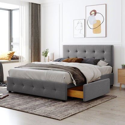 Upholstered Platform Bed with Classic Headboard and 4 Drawers No Box Spring Needed Linen Fabric Queen Size Light Gray - FurniFindUSA