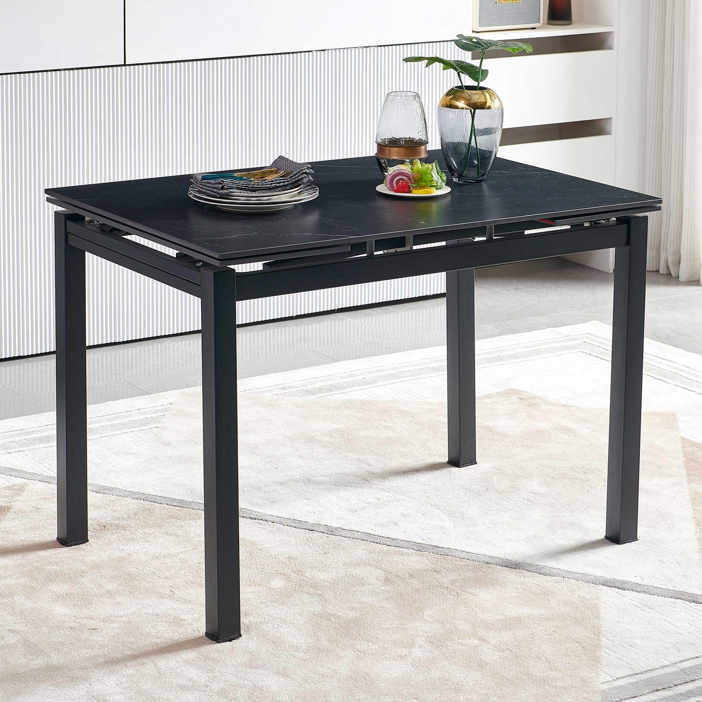 Black Ceramic Modern Rectangular Expandable Dining Room Table For Space-Saving Kitchen Small Space -Table - FurniFindUSA