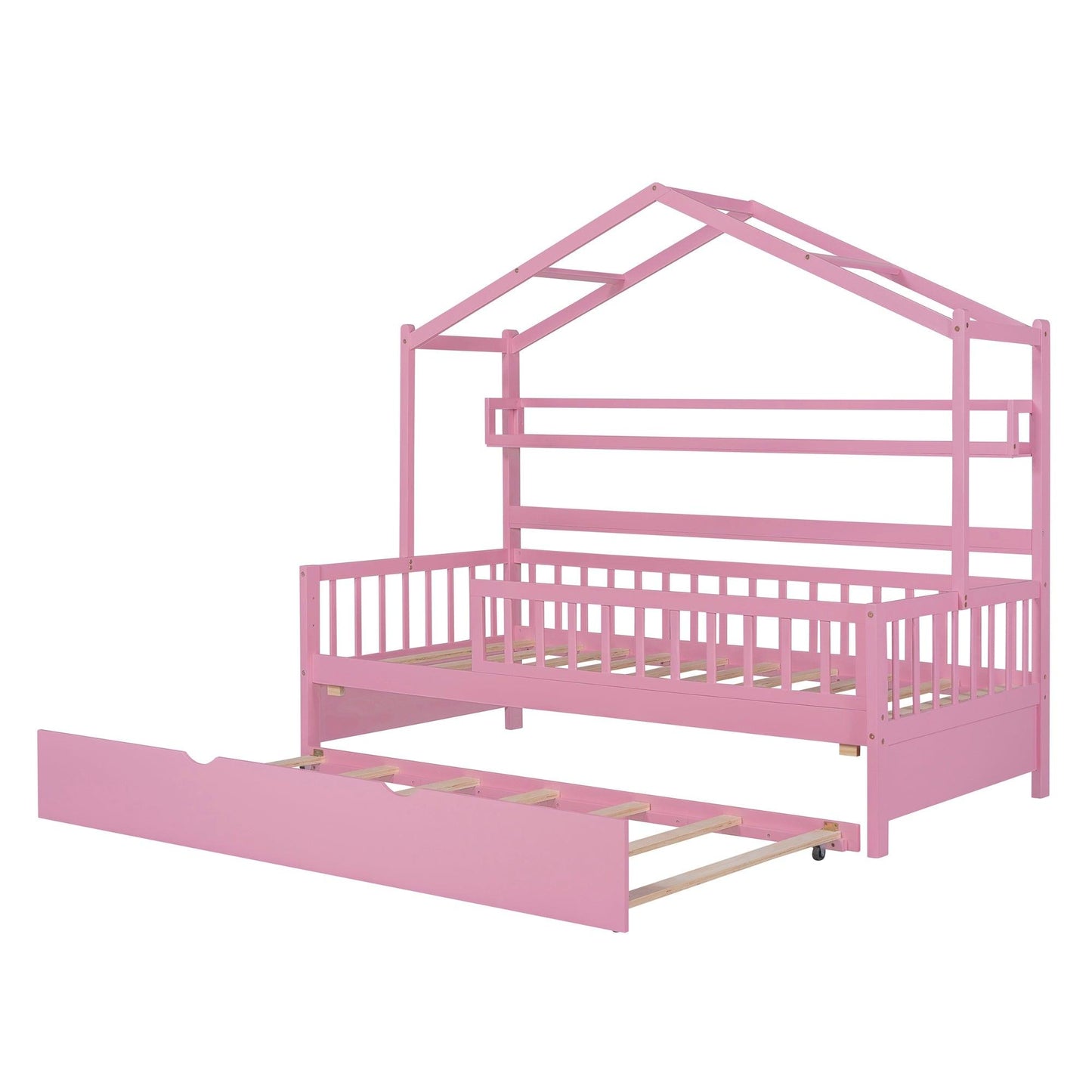 Wooden Twin Size House Bed with Trundle Kids Bed with Shelf Pink - FurniFindUSA