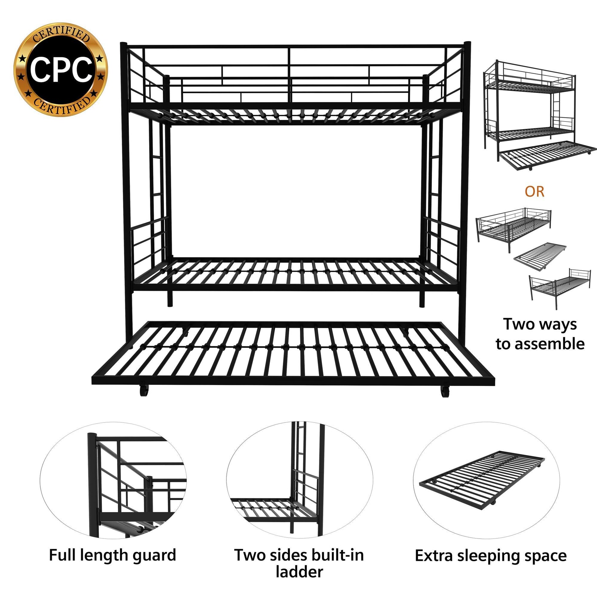 Twin Over Twin Metal Bunk Bed Frame with Trundle（Upgrade reinforcement version） - FurniFindUSA