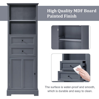 Bathroom Storage Cabinet, Tall Storage Cabinet with Two Drawers, Open Storage, Adjustable Shelf, Grey - FurniFindUSA