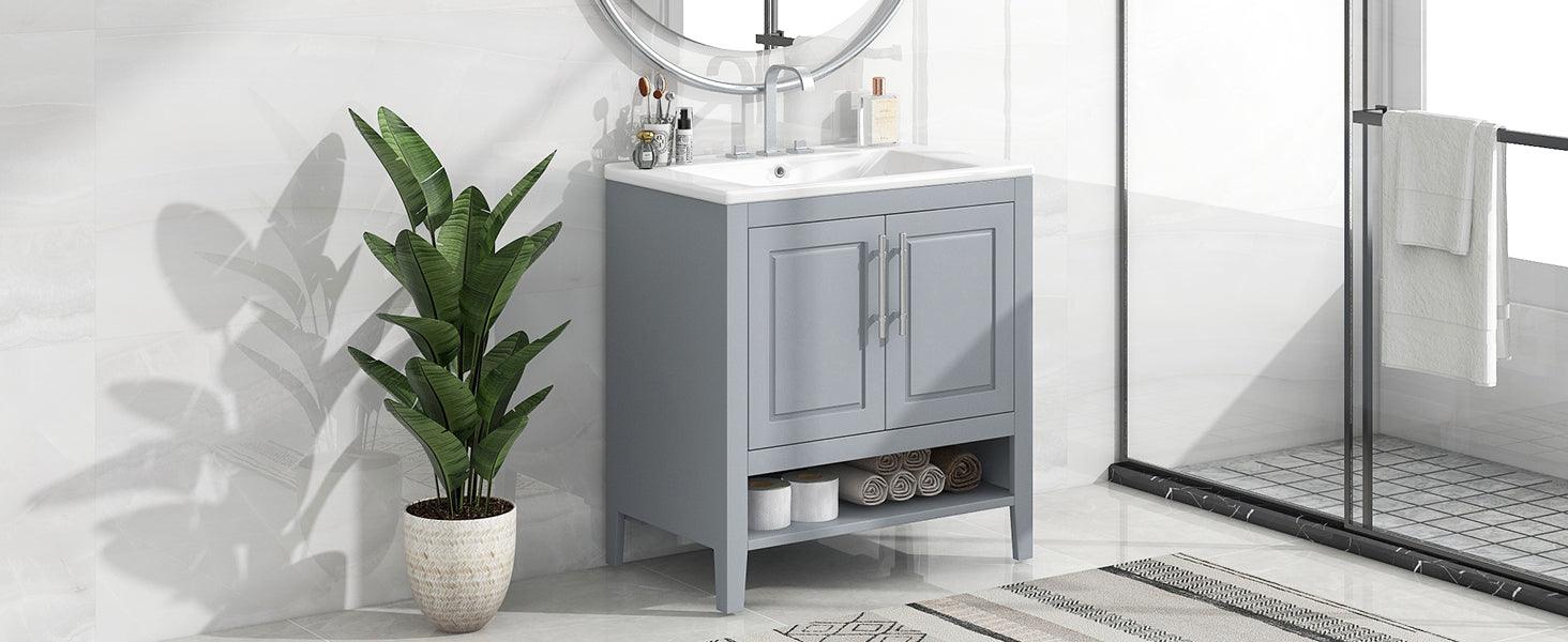 30" Bathroom Vanity with Sink, Multi-functional Bathroom Cabinet with Doors and Drawers, Solid Frame and MDF Board, Grey - FurniFindUSA