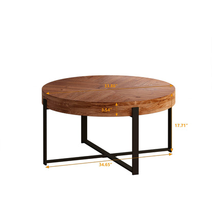 33.86"Modern Retro Splicing Round Coffee Table Fir Wood Table Top with Black Cross Legs Base - FurniFindUSA