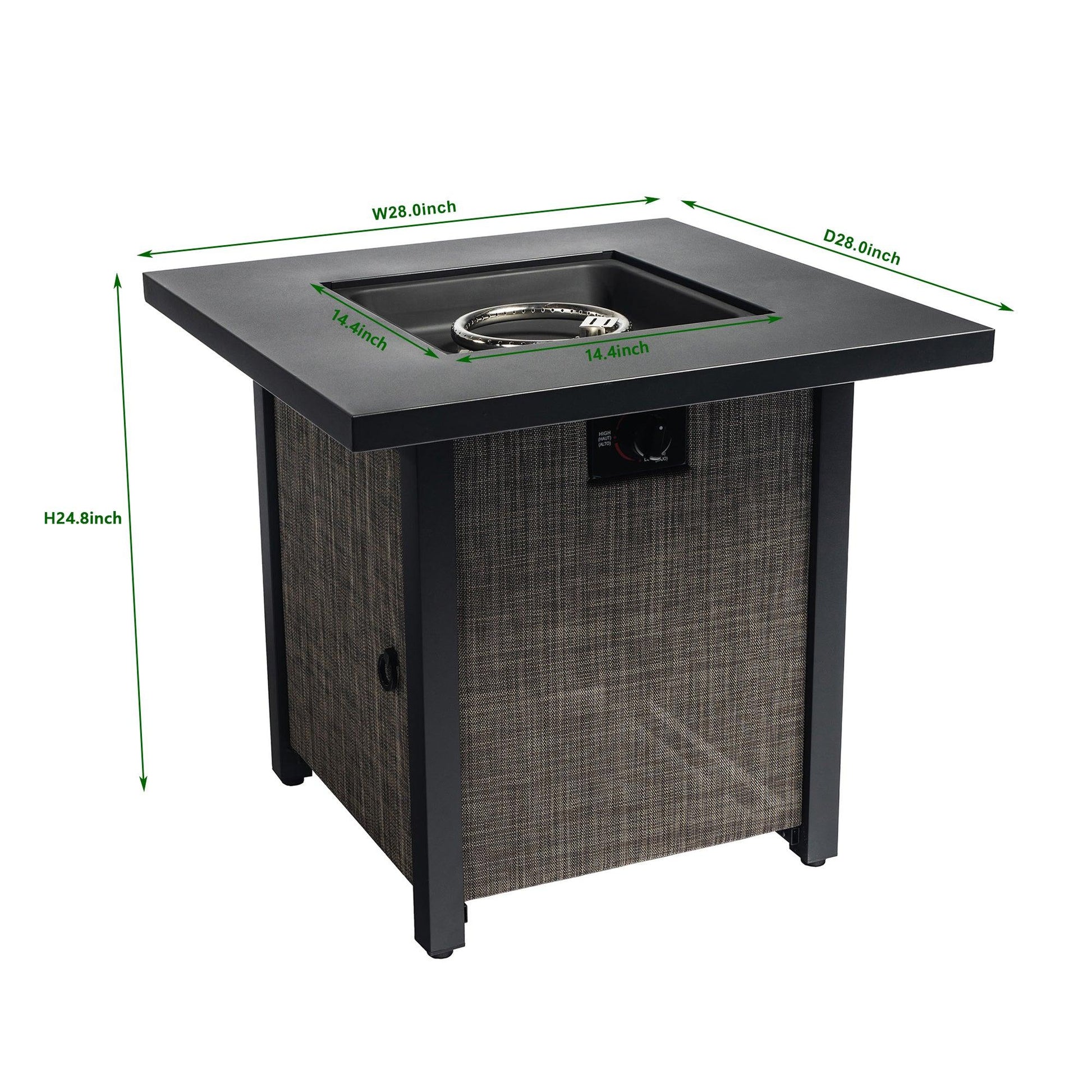 40000BTU Square Propane Fire Pit Table Steel Tabletop with Textilene Side Panel Steel Lid and Rocks - FurniFindUSA