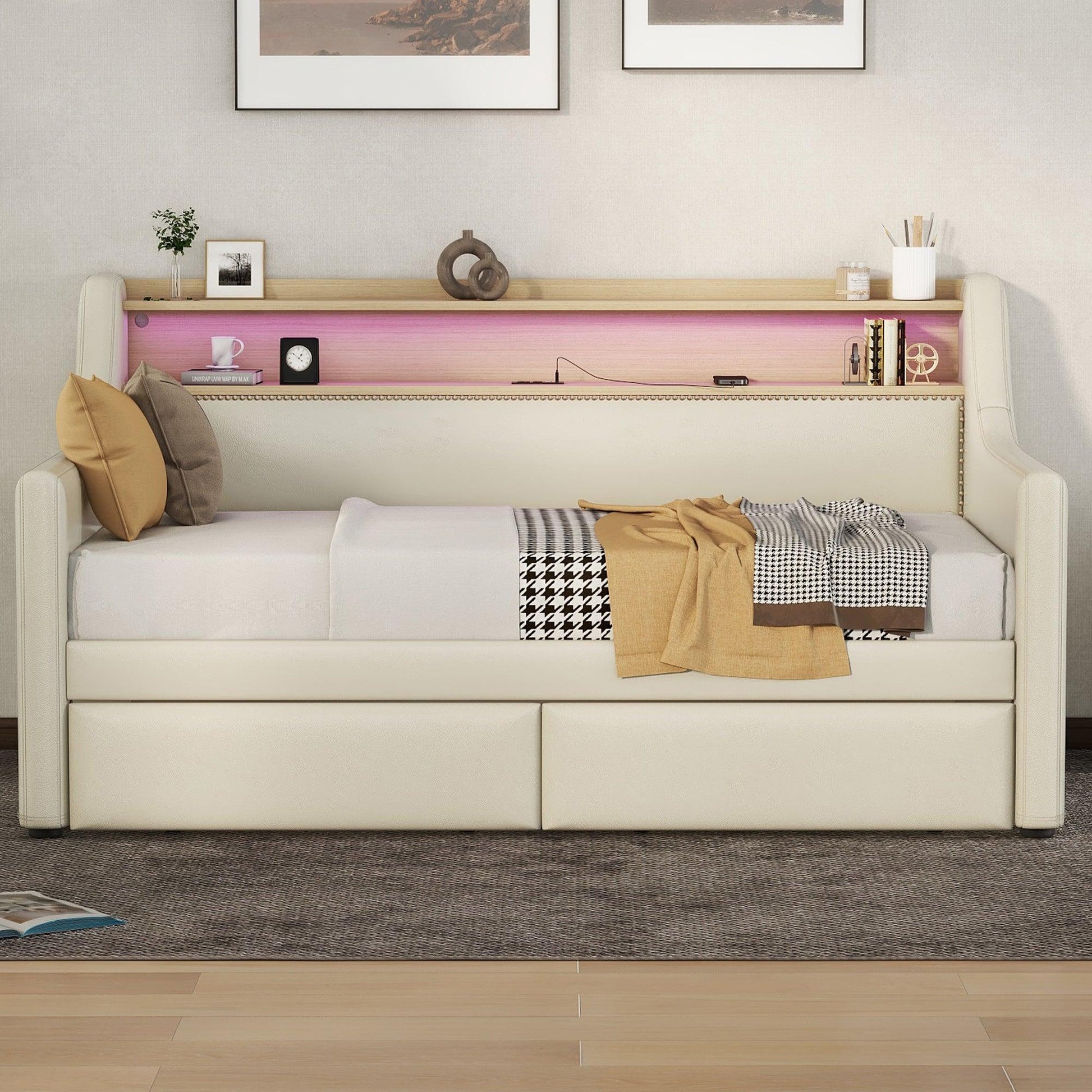 Twin Size Daybed with Storage Drawers Upholstered Daybed with Charging Station and LED Lights Beige - FurniFindUSA