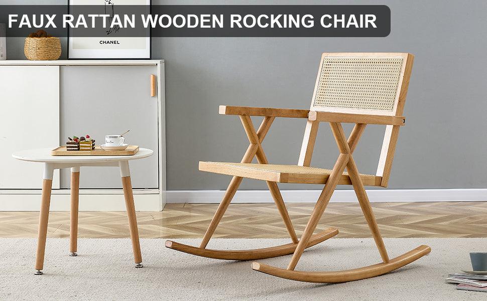 Solid wood+imitation rattan rocking chair allows you to relax quietly indoors and outdoors enhancing your sense of relaxation - FurniFindUSA