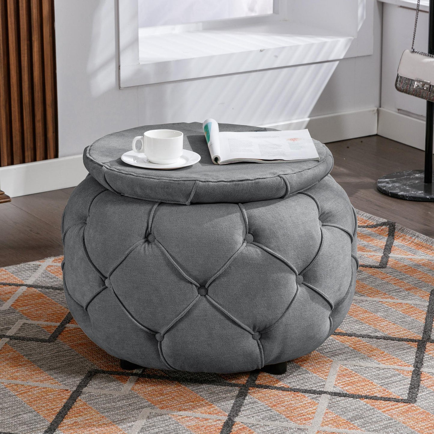 Large Button Tufted Woven Round Storage Footstool。Suitable for living room, bedroom, study - FurniFindUSA