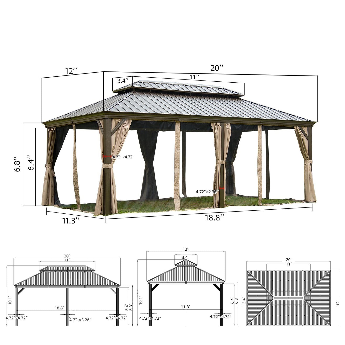 Domi Hardtop Gazebo Outdoor Aluminum Roof Canopy With Mosquito Netting and Curtains - FurniFindUSA