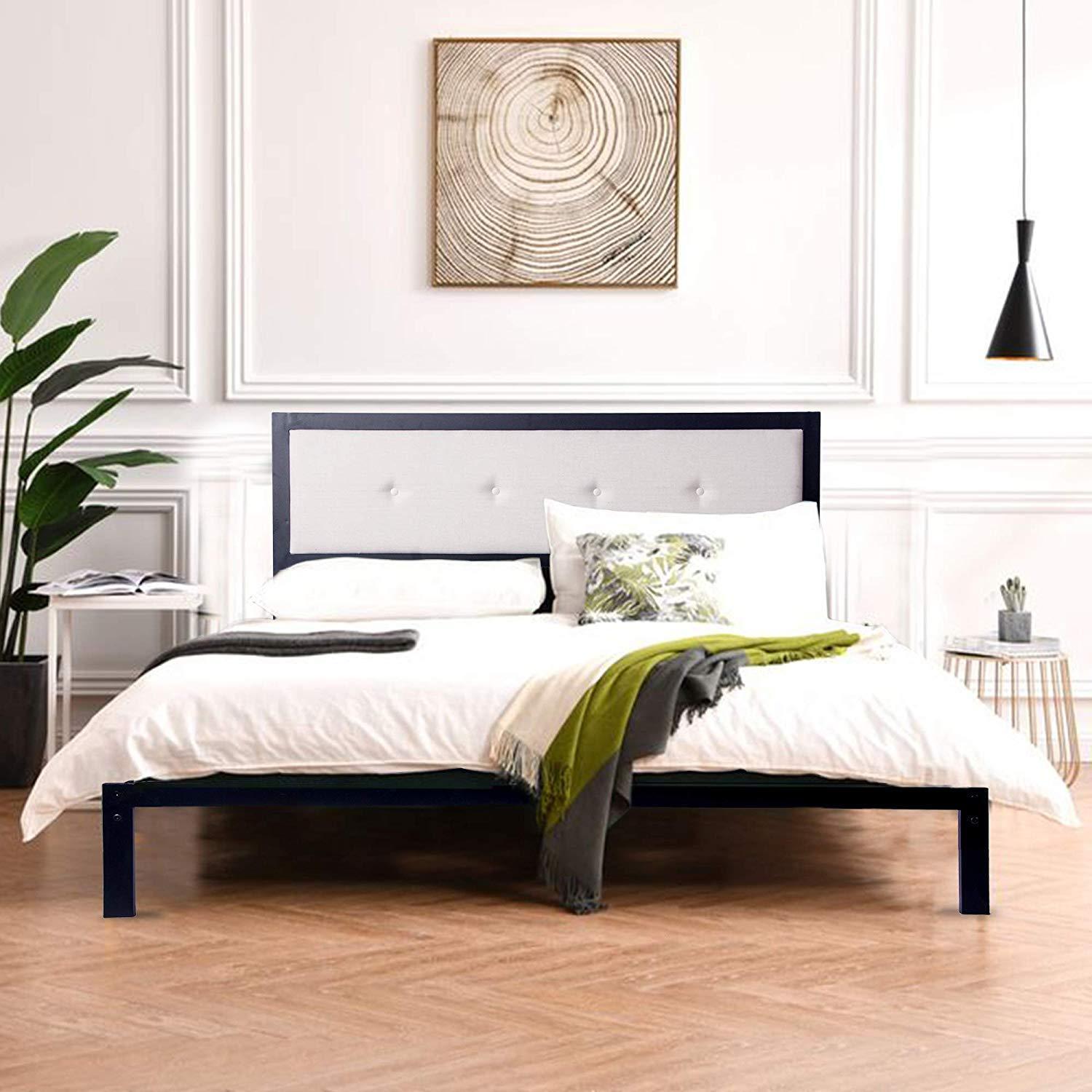 54" Modern Full Size Platform Bed with Black Metal Frame, Beige Headboard - FurniFindUSA