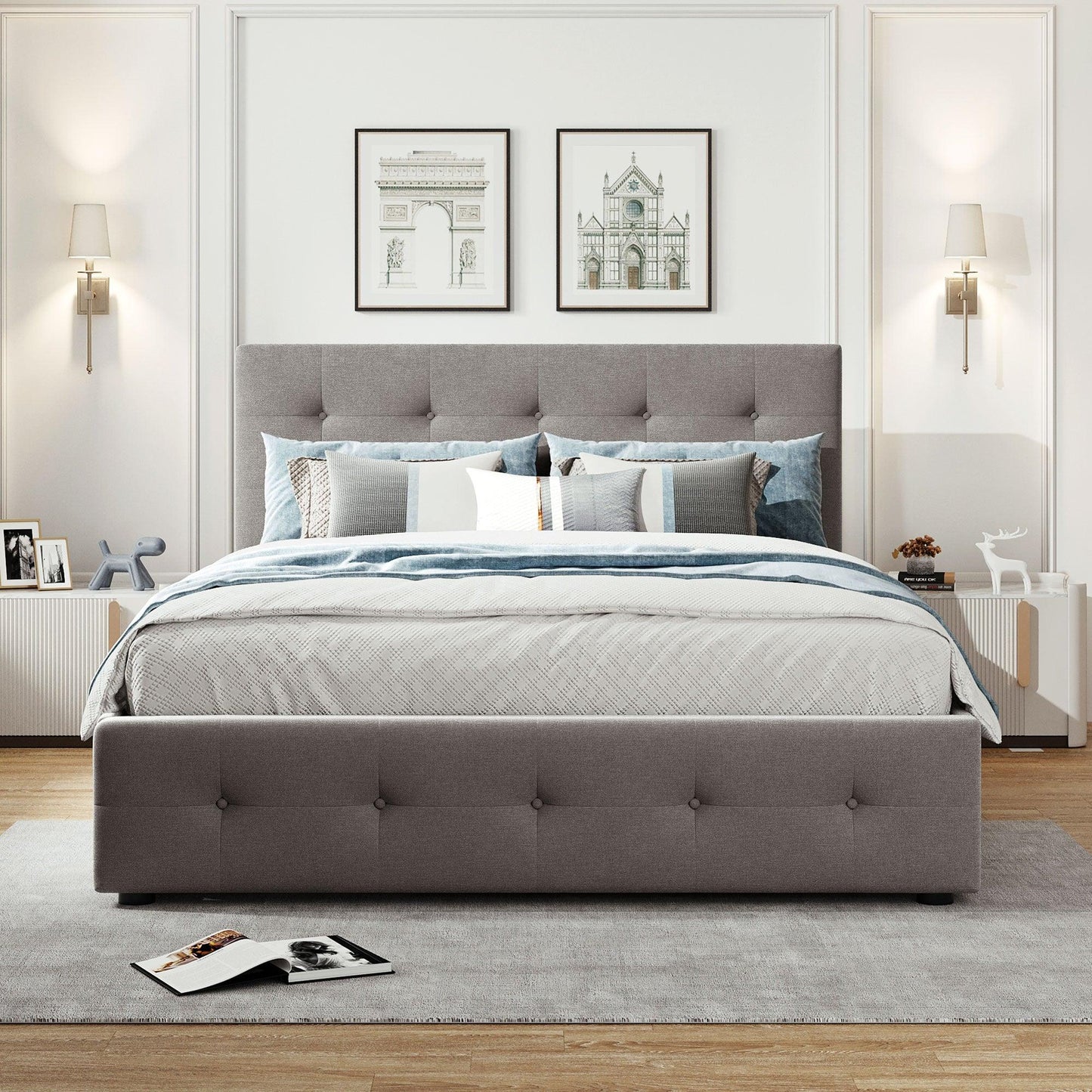 Upholstered Platform Bed with 2 Drawers and 1 Twin XL Trundle Linen Fabric Queen Size - Light Gray - FurniFindUSA