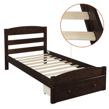 Platform Twin Bed Frame with Storage Drawer and Wood Slat Support No Box Spring Needed Espresso - FurniFindUSA