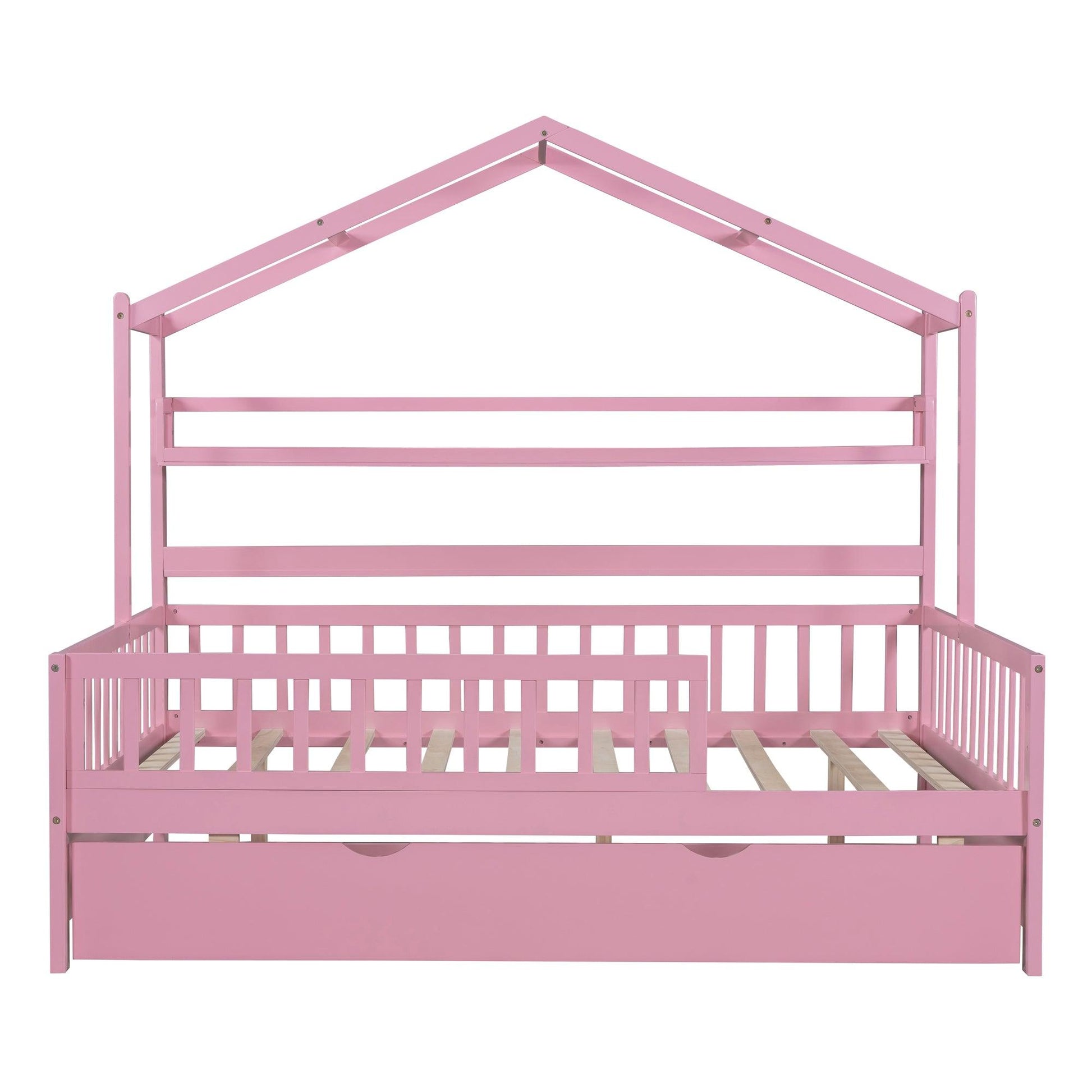 Wooden Full Size House Bed with Twin Size Trundle Kids Bed with Shelf Pink - FurniFindUSA