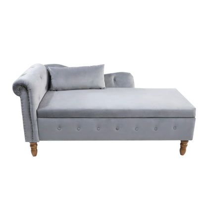 Grey Chaise Lounge Indoor Velvet Lounge Chair for Bedroom with Storage & Pillow Modern Upholstered Rolled Arm Chase Lounge - FurniFindUSA