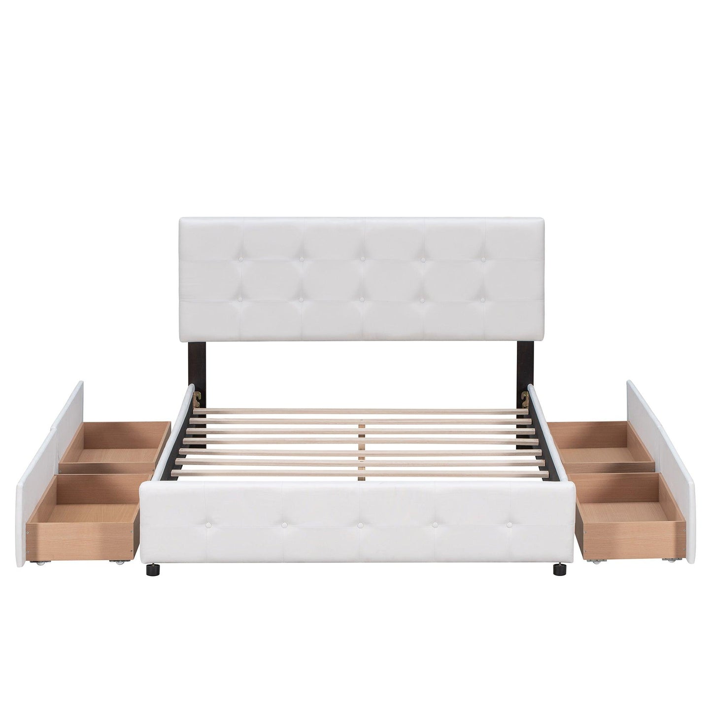 Upholstered Platform Bed with Classic Headboard and 4 Drawers No Box Spring Needed Linen Fabric Queen Size White - FurniFindUSA