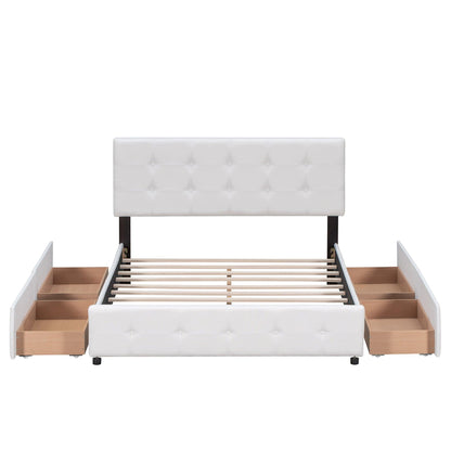 Upholstered Platform Bed with Classic Headboard and 4 Drawers No Box Spring Needed Linen Fabric Queen Size White - FurniFindUSA