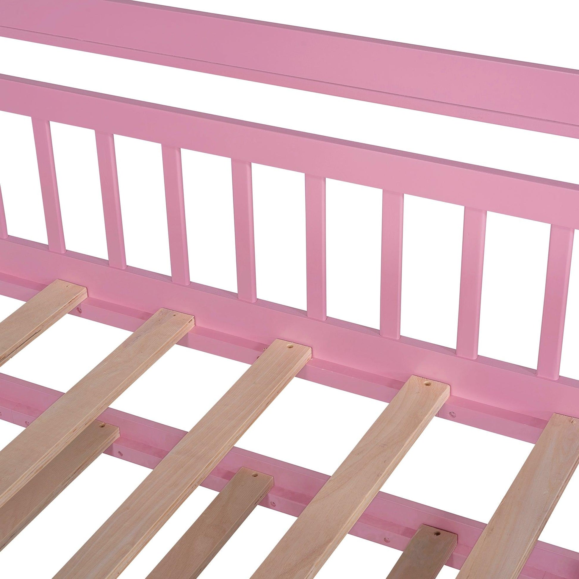 Wooden Twin Size House Bed with Trundle Kids Bed with Shelf Pink - FurniFindUSA