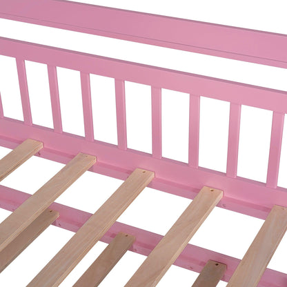 Wooden Twin Size House Bed with Trundle Kids Bed with Shelf Pink - FurniFindUSA