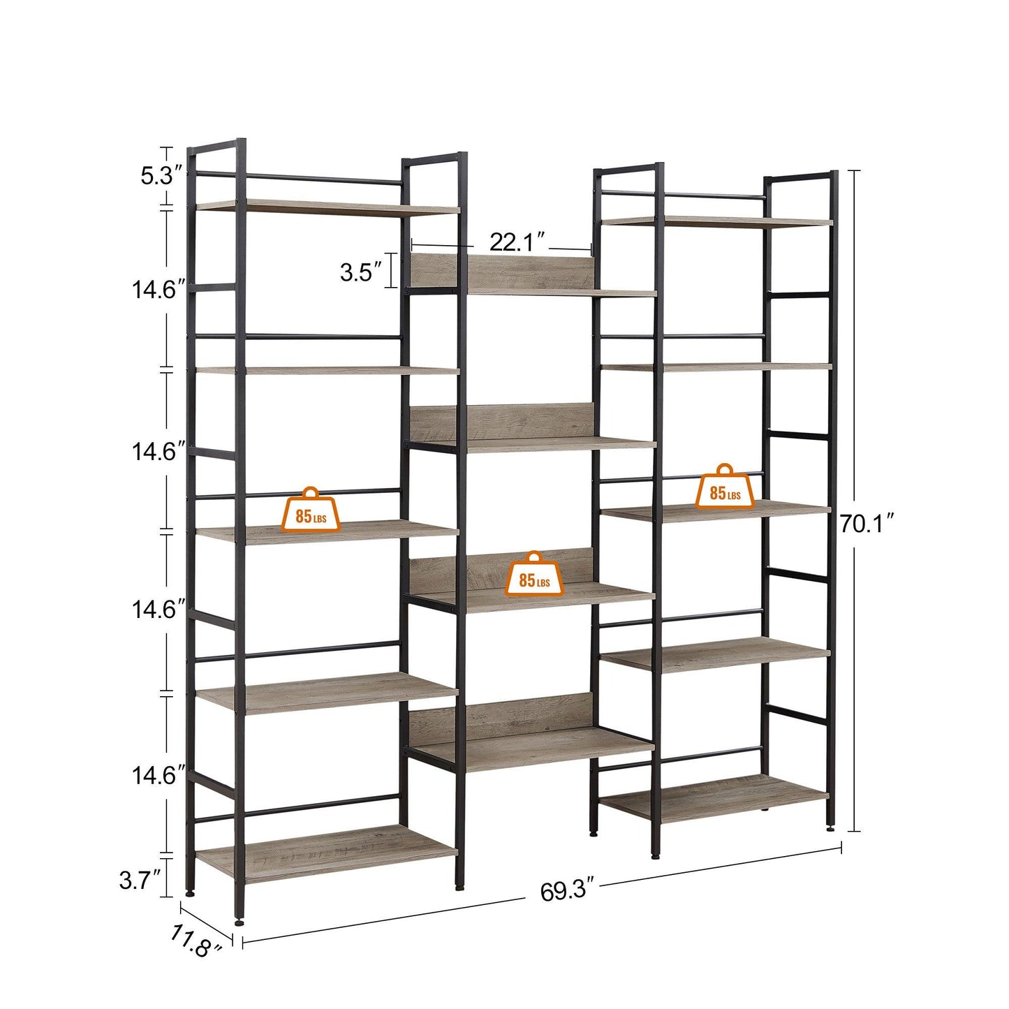 Triple Wide 5-shelf Bookshelves Industrial Retro Wooden Style Home and Office Large Open Bookshelves Grey - FurniFindUSA