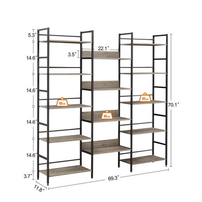 Triple Wide 5-shelf Bookshelves Industrial Retro Wooden Style Home and Office Large Open Bookshelves Grey - FurniFindUSA