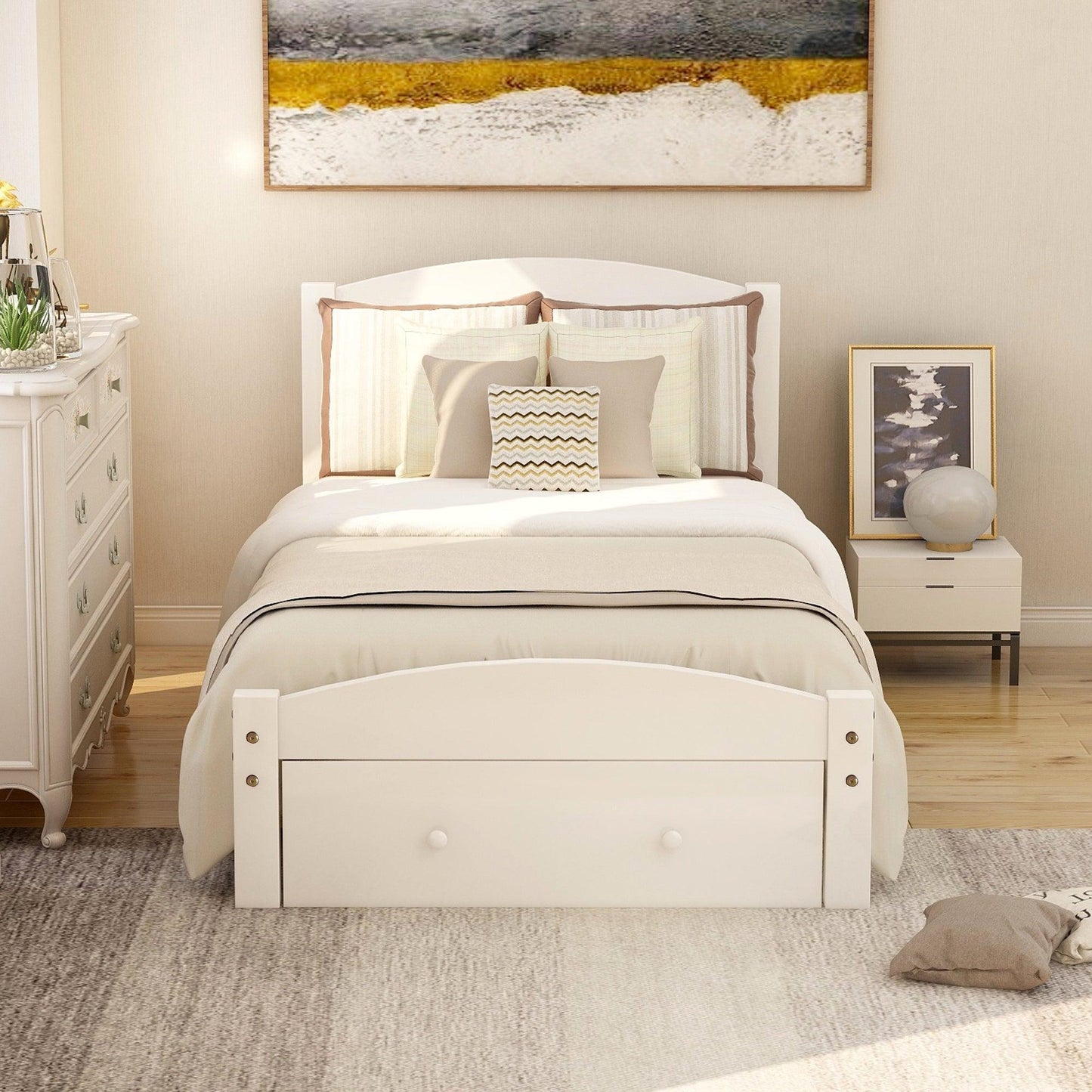 Platform Twin Bed Frame with Storage Drawer and Wood Slat Support No Box Spring Needed White - FurniFindUSA