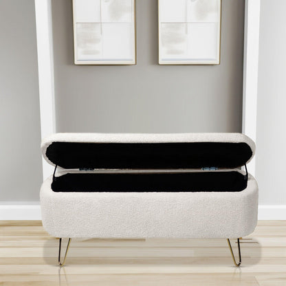 Ivory White Storage Ottoman Bench for End of Bed Gold Legs - FurniFindUSA