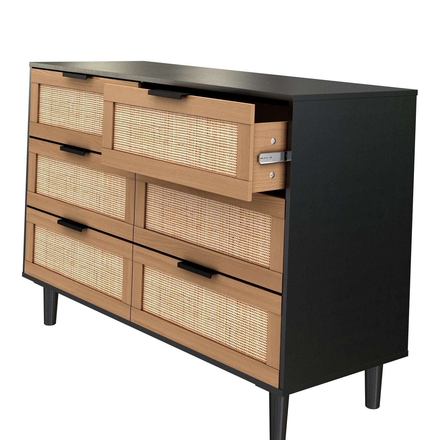 6 drawers Rattan dresser Rattan Drawer Bedroom Living Room (Black) - FurniFindUSA