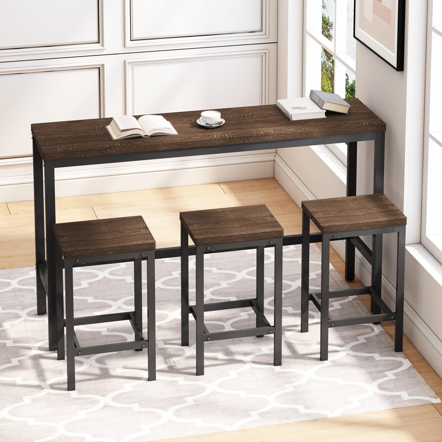 Modern Design Kitchen Dining Table Pub Table Long Dining Table Set with 3 Stools Easy Assembly Dark Brown - FurniFindUSA