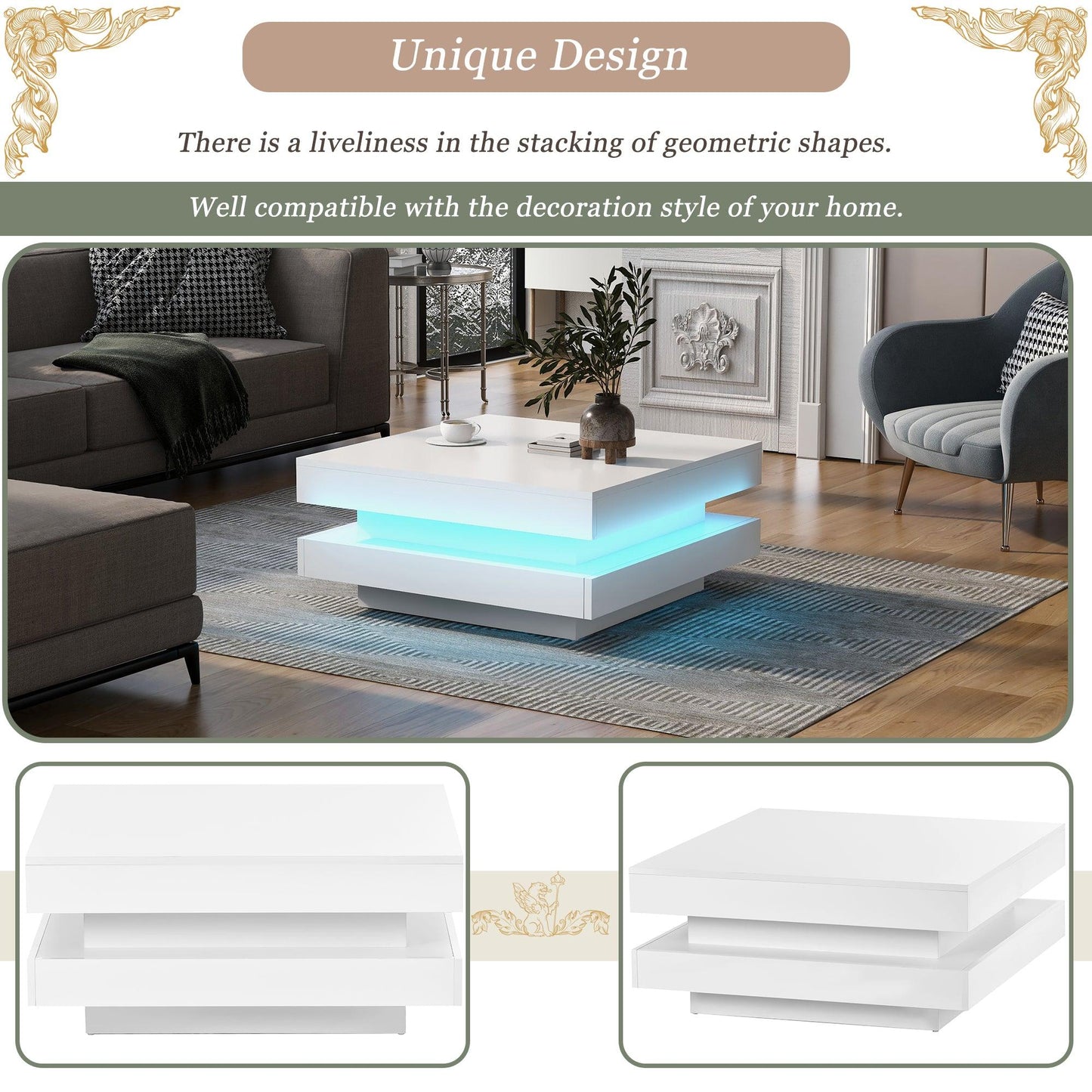 ON-TREND High Gloss Minimalist Design with LED Lights 2-Tier Square Coffee Table White - FurniFindUSA