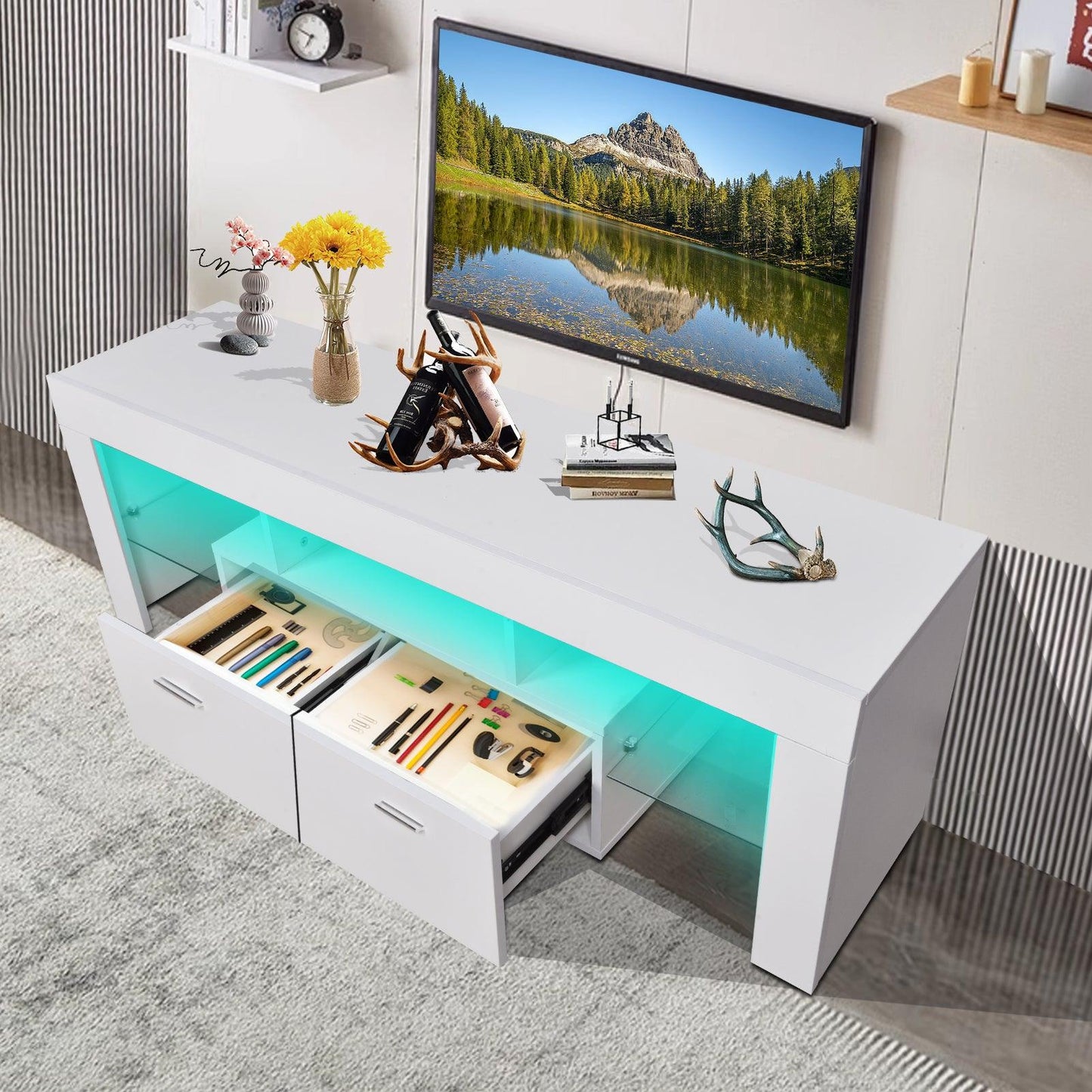 LED TV stand modern TV stand with storage Entertainment Center with drawer TV cabinet for Up to 75 inch for Gaming Living Room B - FurniFindUSA