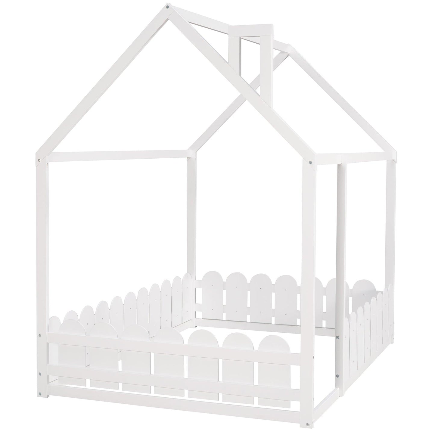 (Slats are not included) Full Size Wood Bed House Bed Frame with Fence for Kids Teens Girls Boys (White ) - FurniFindUSA