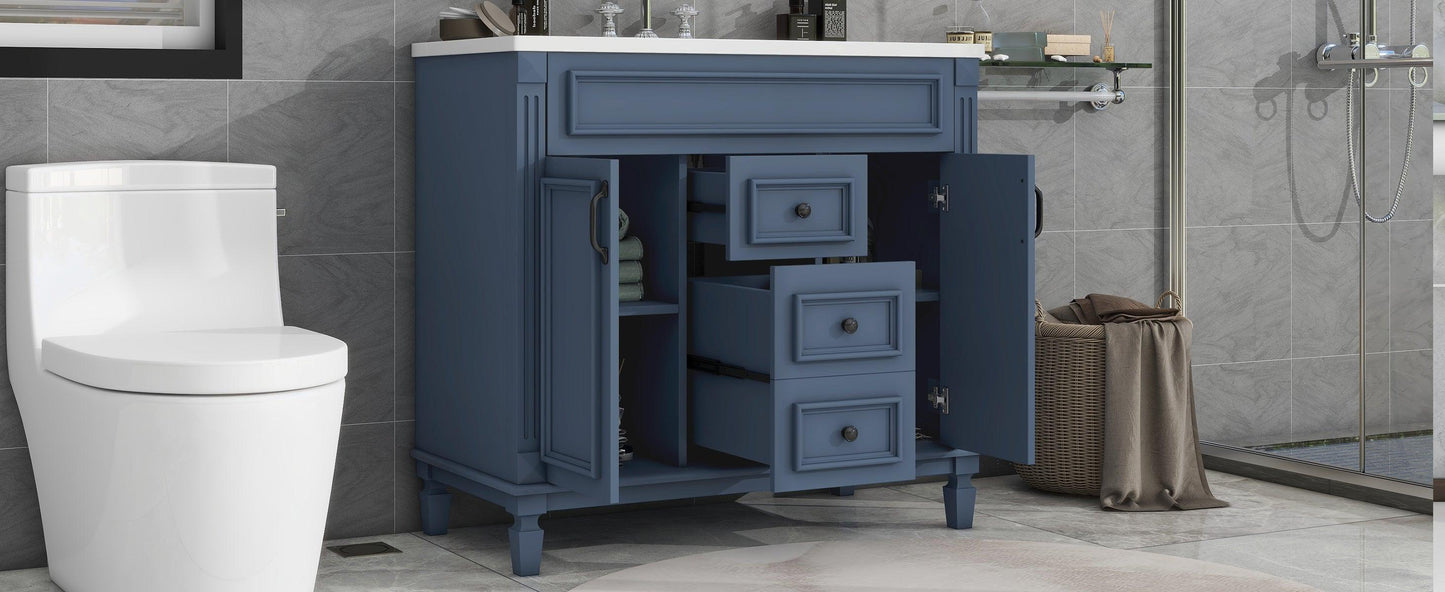 36 inch blue bathroom vanity with top sink, 2 soft doors and 2 drawers, single sink bathroom vanity - FurniFindUSA