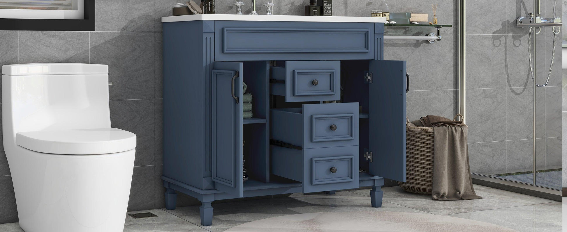 36 inch blue bathroom vanity with top sink, 2 soft doors and 2 drawers, single sink bathroom vanity - FurniFindUSA