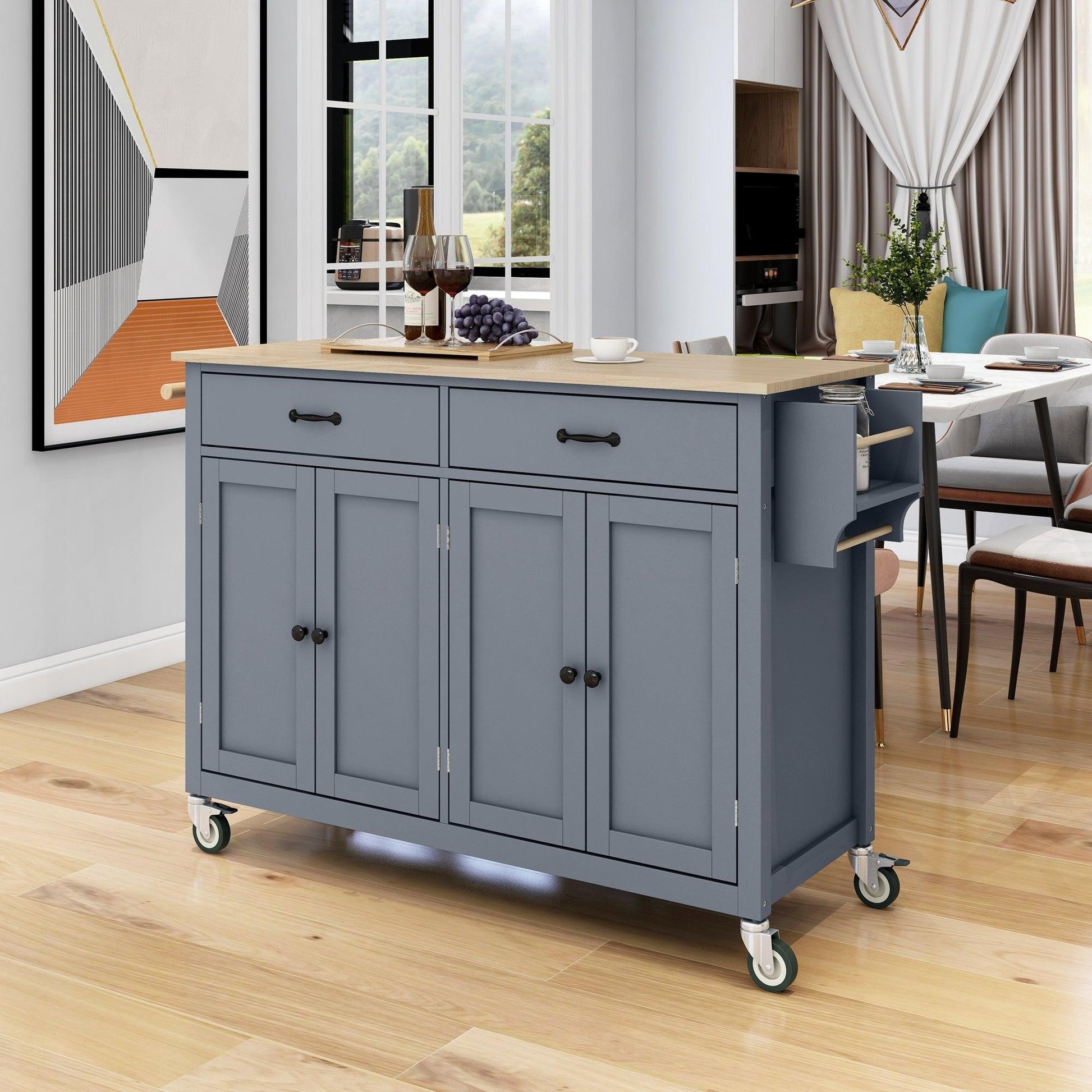 Kitchen Island Cart with Solid Wood Top and Locking Wheels 54.3 Inch Width (Grey Blue) - FurniFindUSA