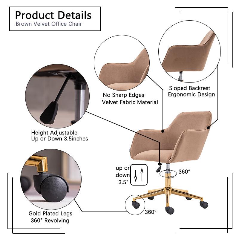 Modern Velvet Fabric Material Adjustable Height 360 revolving Home Office Chair Light Coffee Brown - FurniFindUSA