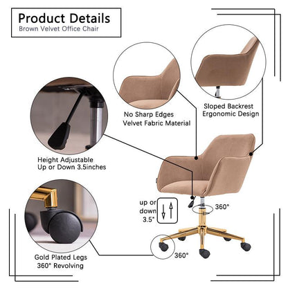 Modern Velvet Fabric Material Adjustable Height 360 revolving Home Office Chair Light Coffee Brown - FurniFindUSA