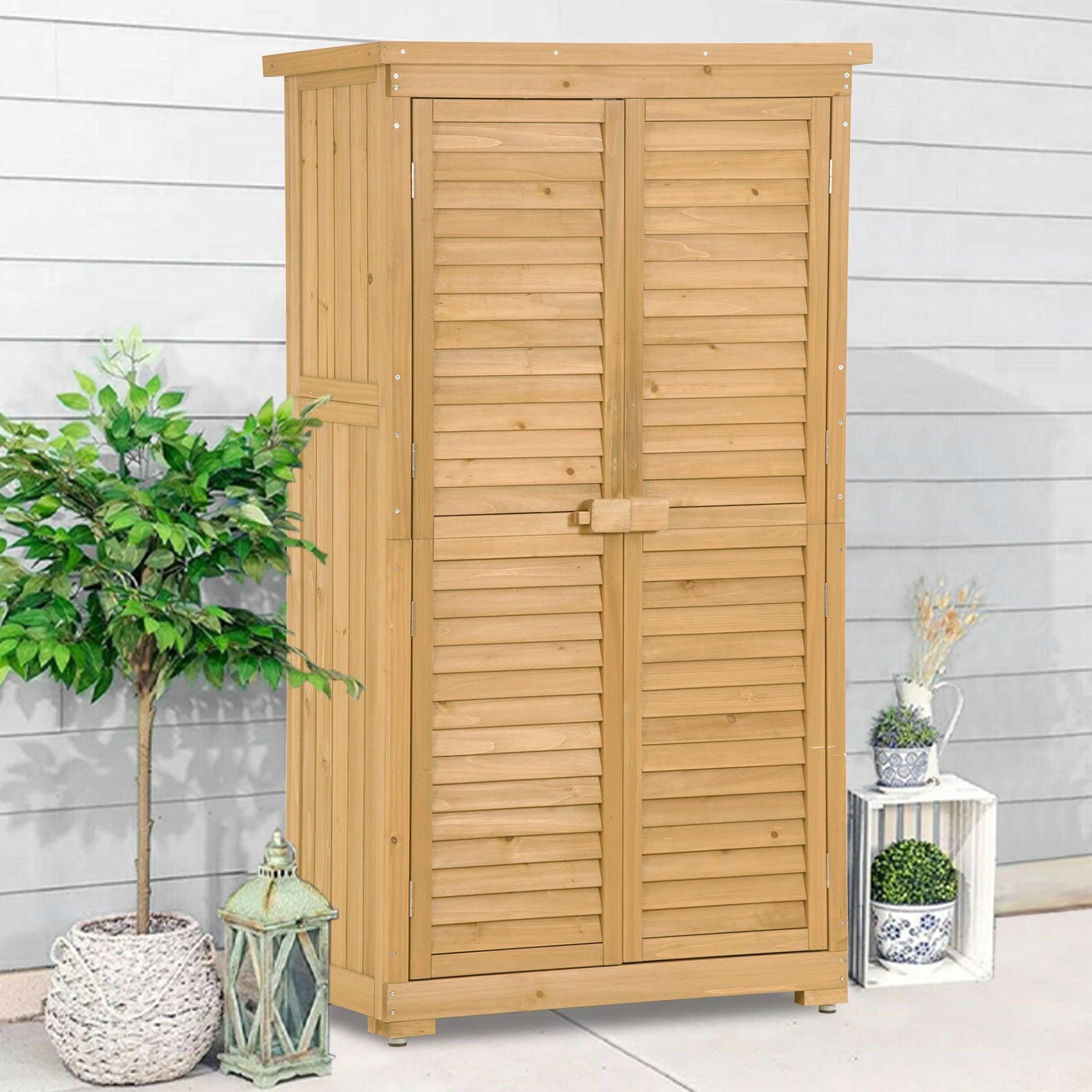 Wooden Garden Shed 3-tier Patio Storage Cabinet Outdoor Organizer Wooden Lockers with Wood (Natural Wood Color -Shutter Design) - FurniFindUSA