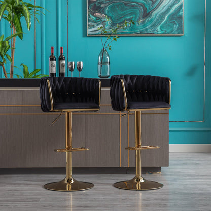 Set of 2 Bar Stools with Chrome Footrest and Base Swivel Height Velvet + Golden Leg Simple Bar Stool-Black - FurniFindUSA