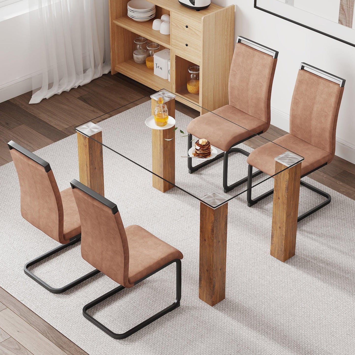 Modern minimalist rectangular dining table Glass desktop and wooden MDF table legs - FurniFindUSA