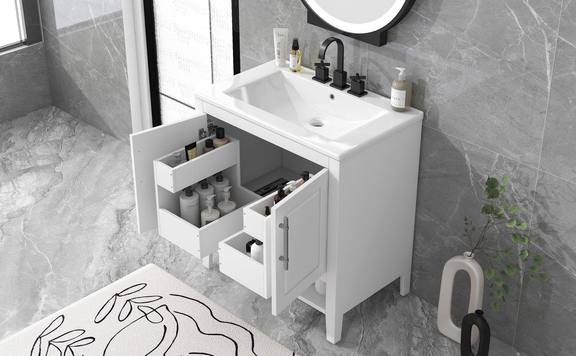 30" Bathroom Vanity with Sink Multi-functional Bathroom Cabinet with Doors and Drawers Solid Frame and MDF Board, White - FurniFindUSA