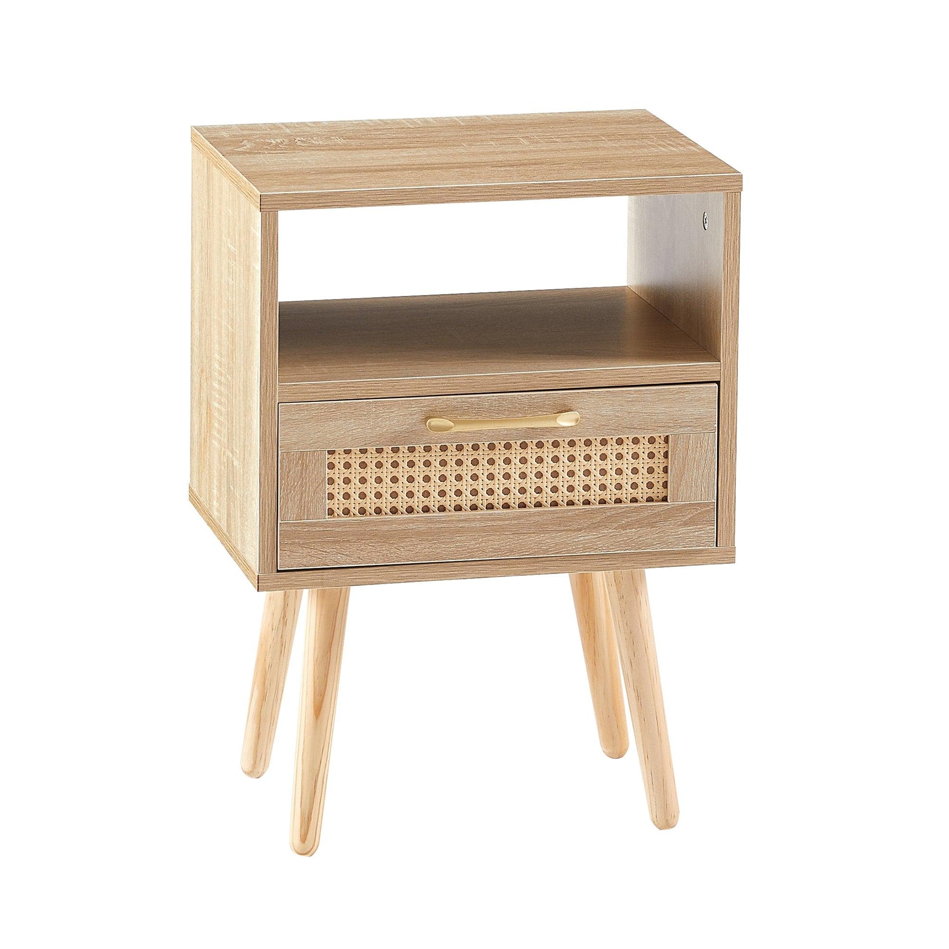 15.75" Rattan End table with drawer and solid wood legs Modern nightstand side table for living room natural - FurniFindUSA