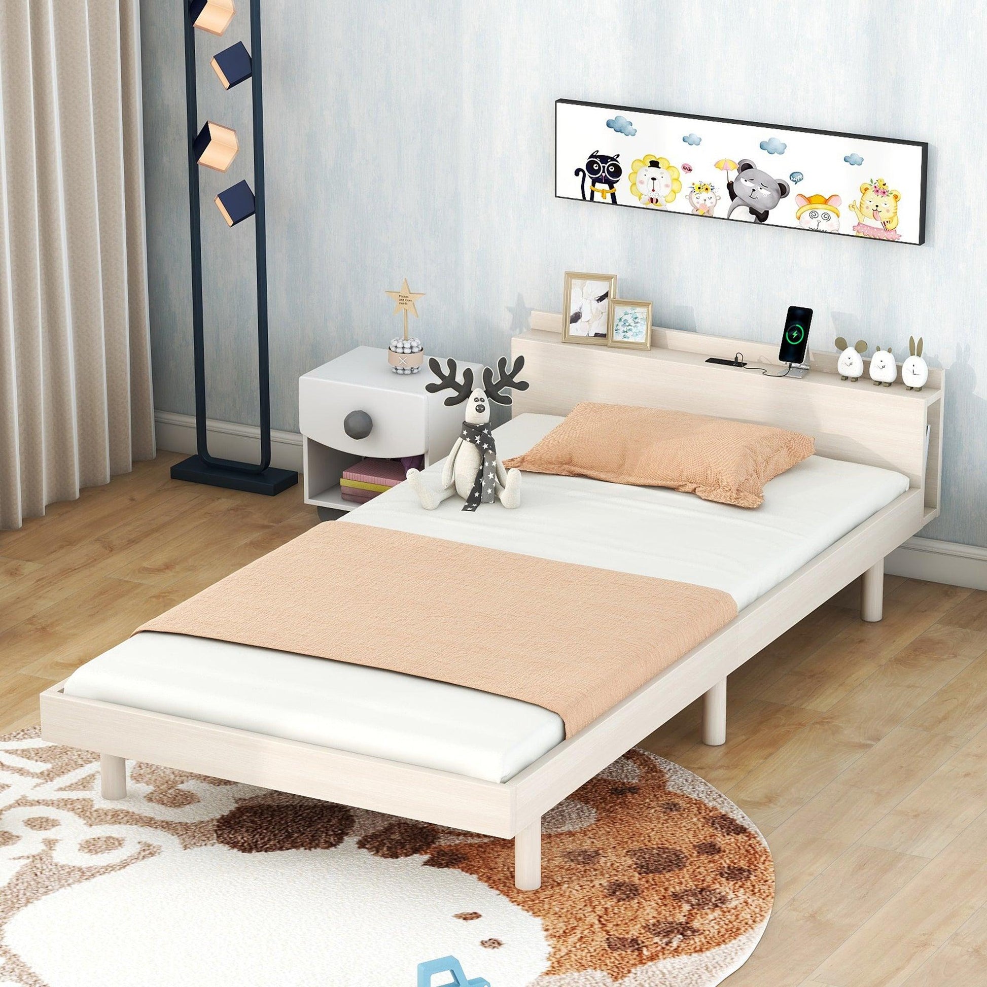 Modern Design Twin Size Platform Bed Frame with Built-in USB Ports for White Washed Color - FurniFindUSA