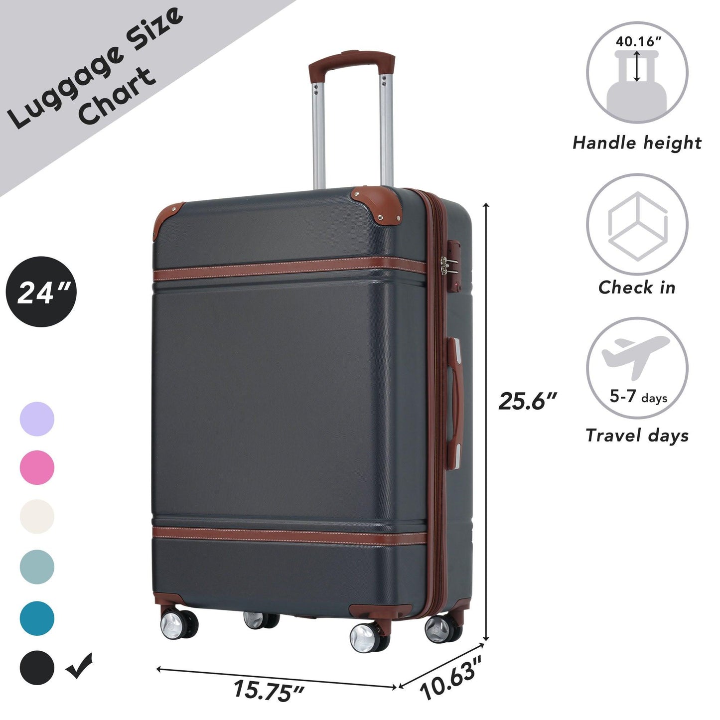 24 IN Luggage 1 Piece with TSA lock , Expandable Lightweight Suitcase Spinner Wheels, Vintage Luggage,Black - FurniFindUSA