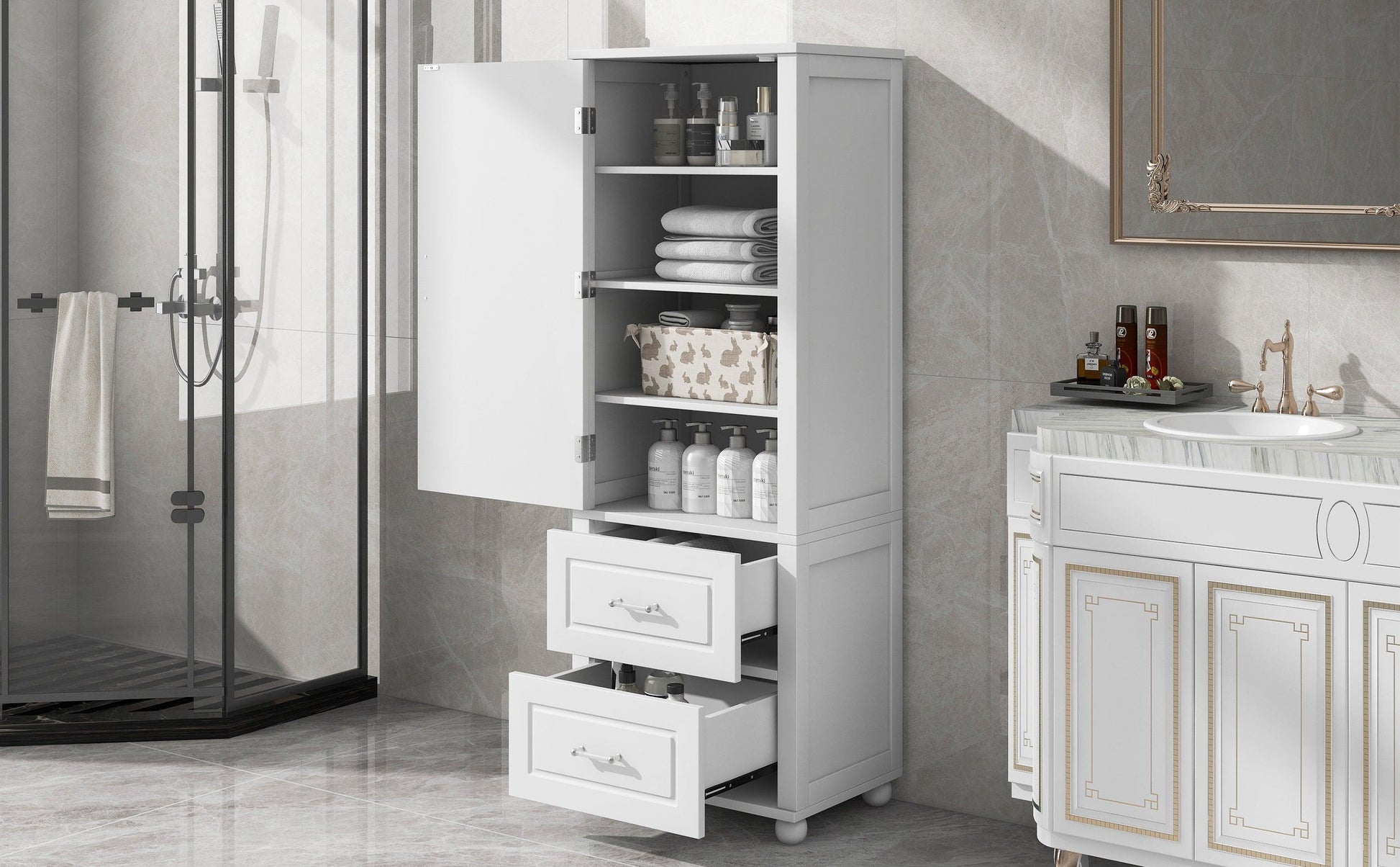 Tall bathroom storage cabinet with two drawers and adjustable shelves for independent storage - FurniFindUSA