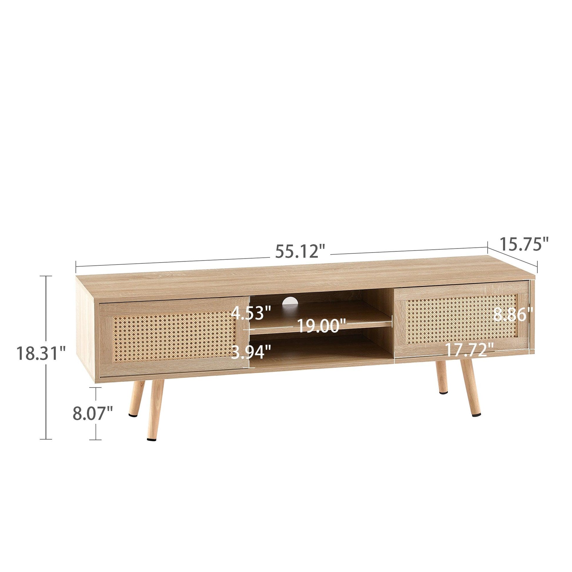 55.12" Rattan TV cabinet double sliding doors for storage adjustable shelf solid wood legs TV console for living room natural - FurniFindUSA