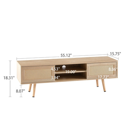 55.12" Rattan TV cabinet double sliding doors for storage adjustable shelf solid wood legs TV console for living room natural - FurniFindUSA