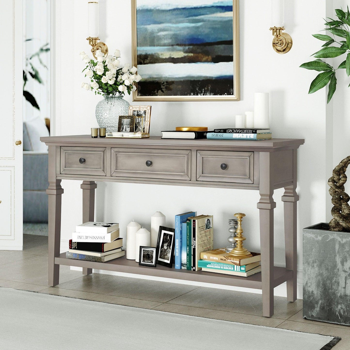 TREXM Classic Retro Style Console Table with Three Top Drawers and Open Style Bottom Shelf (Gray Wash) - FurniFindUSA