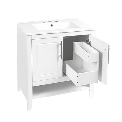 30" Bathroom Vanity with Sink Multi-functional Bathroom Cabinet with Doors and Drawers Solid Frame and MDF Board, White - FurniFindUSA